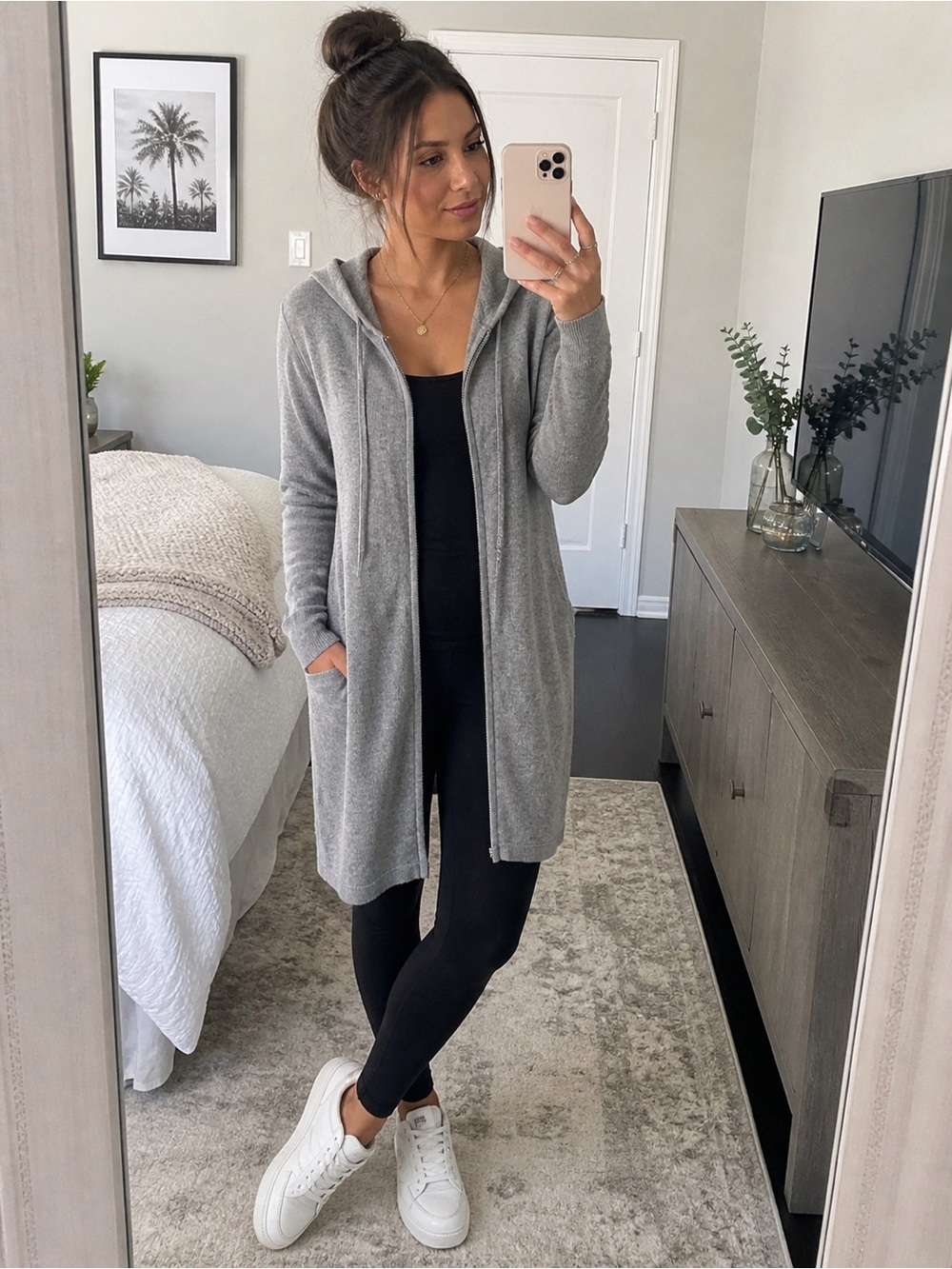 100% Cashmere Gray Zip Hoodie Cardigan Longline Cozy Minimalist Sweater